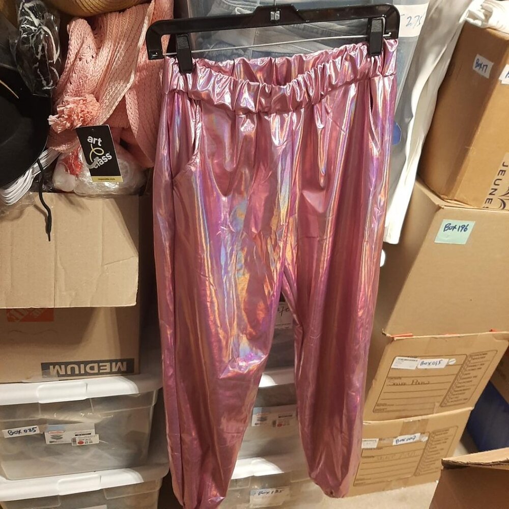 NEW ! Women Metallic Shing Jogger Waist Stretch Fit Pink Size M/L